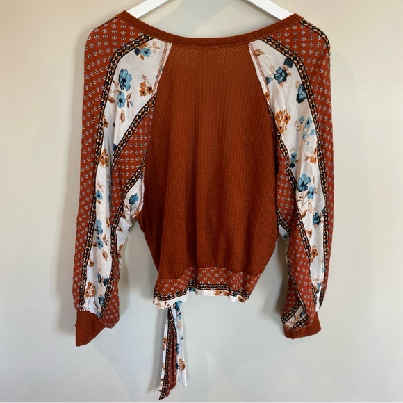 Blu Pepper Fall Boho Faux Wrap Top Orange Floral Womens Small Tie Waist V Neck - Picture 6 of 6